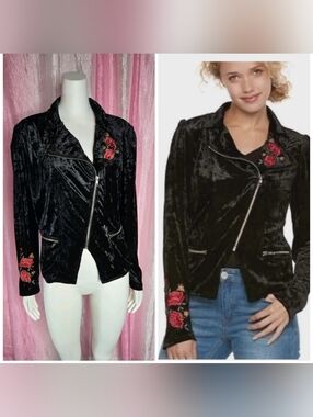 Disney Coco Black Velvet Rose Embroidered Moto Lined Jacket Size XL Juniors